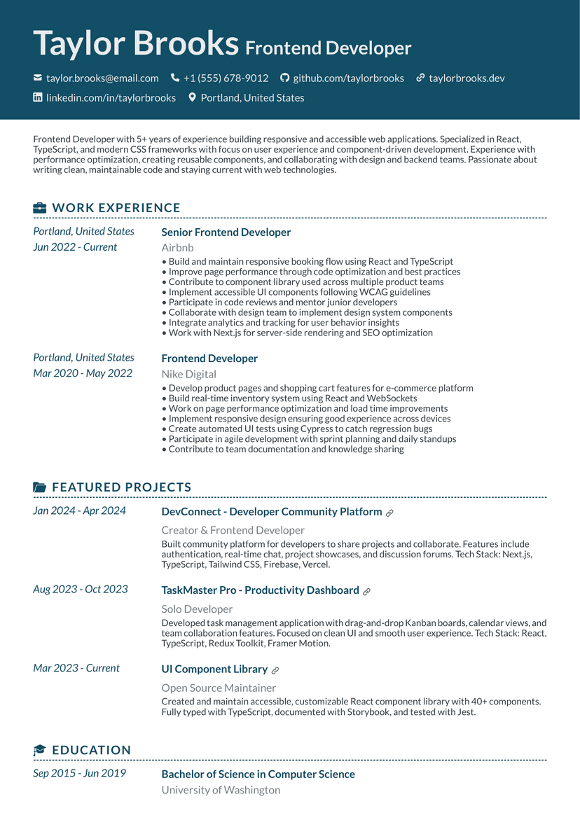 Professional Taylor Brooks - Frontend Developer resume template - ATS friendly