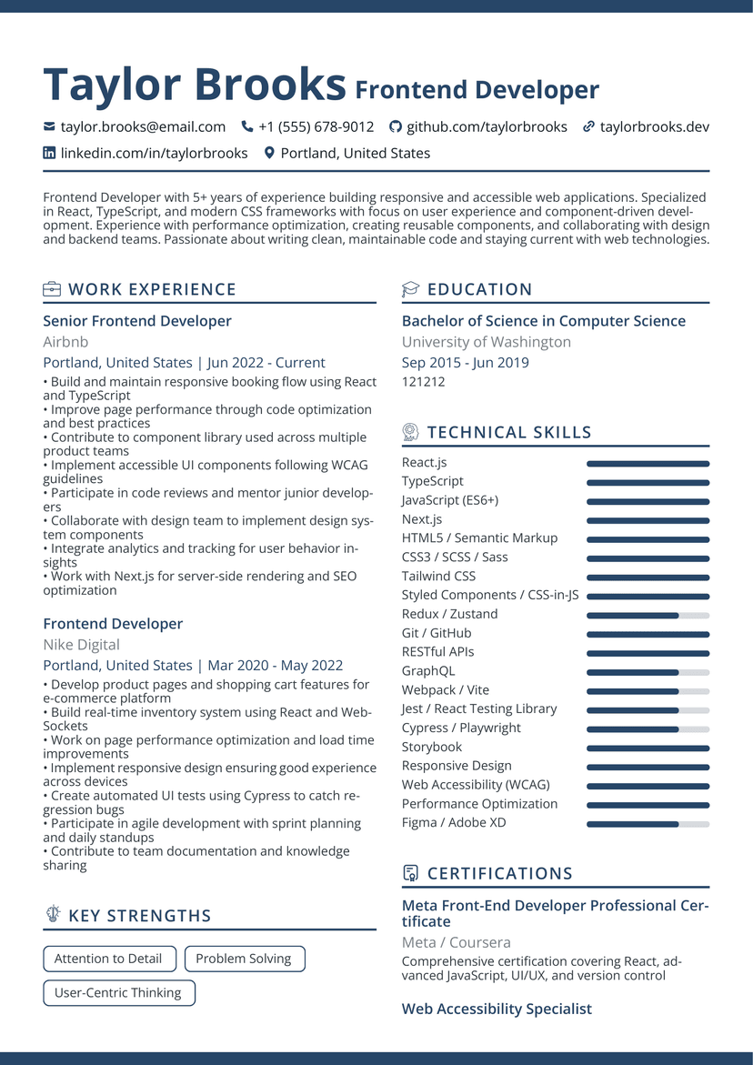 Professional Taylor Brooks - Frontend Developer resume template - ATS friendly