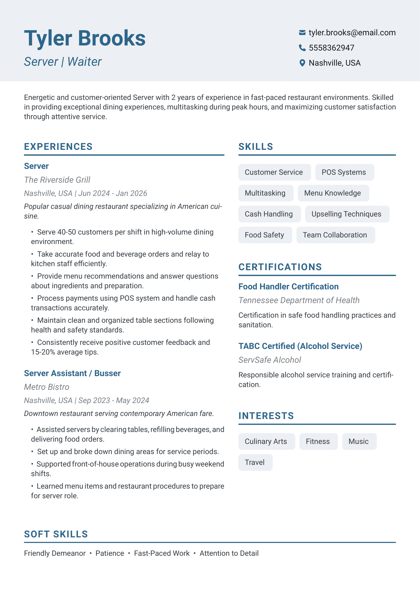 Click to edit Server | Waiter resume template ATS-optimized Server | Waiter resume template featuring server, waiter, waitress skills with professional formatting and measurable achievements