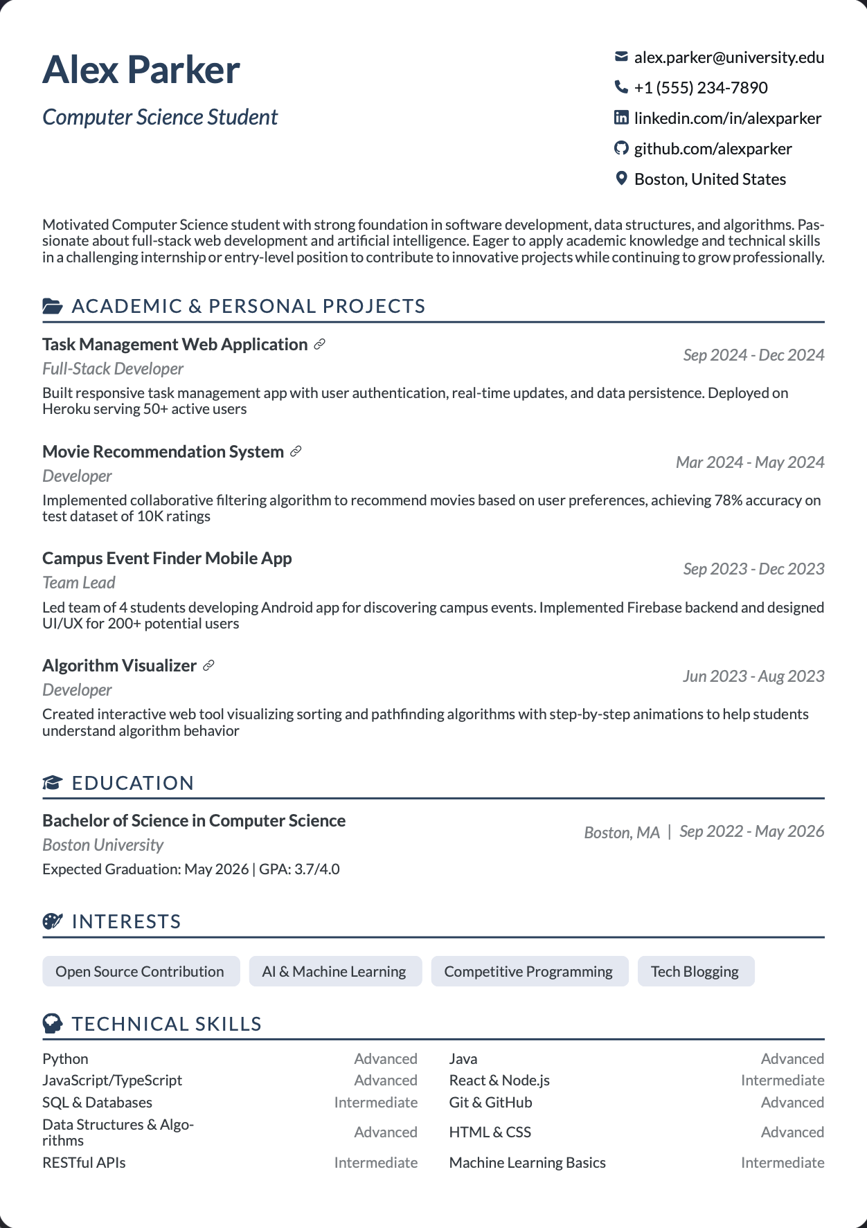 Computer Science Student Resume Example | ATS-Friendly Template | QuickCV